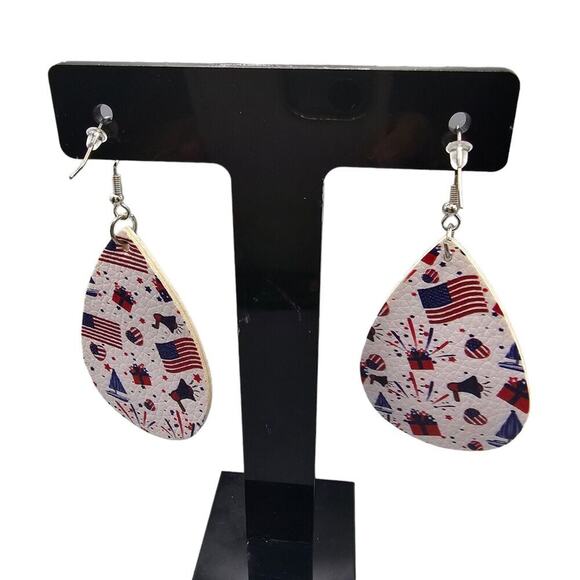 Pierced Earrings Patriotic Faux Leather Teardrop Reversible Celebration SKU 2142 - Picture 5 of 5